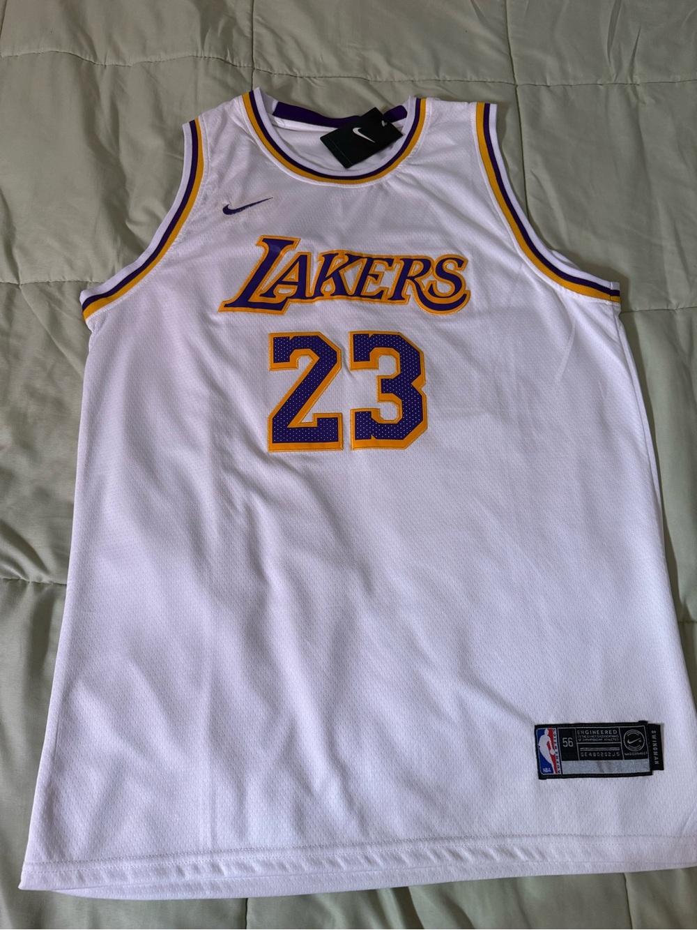 Brand New Nike LeBron James Lakers white jersey with purple and gold trim XL